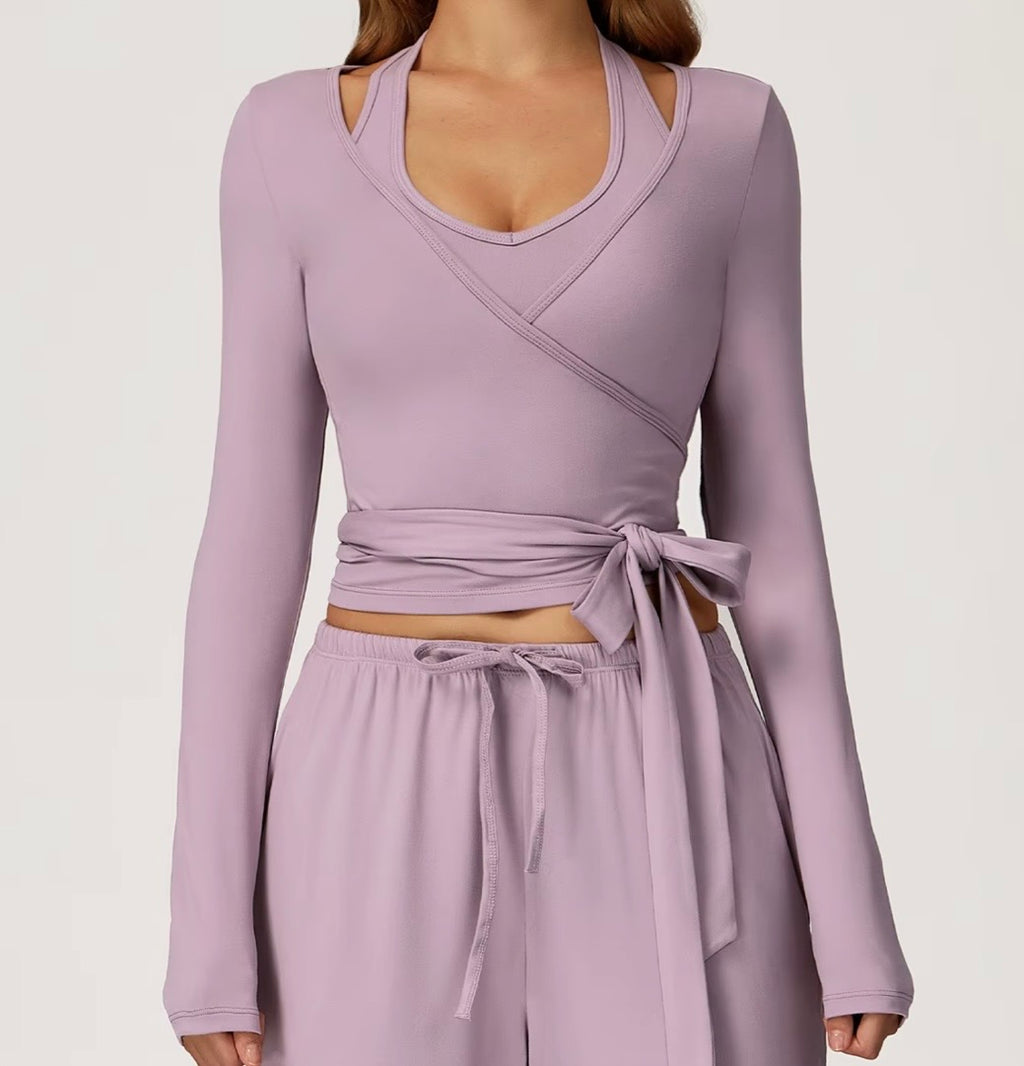 3-Piece Set Autumn Pilates Vetement Outfits Yoga Costume Pants Women Ballet Wrap Top Activewear Set Ballerina Cross Top Colors Yellow-Top Pink Purple Khaki Black