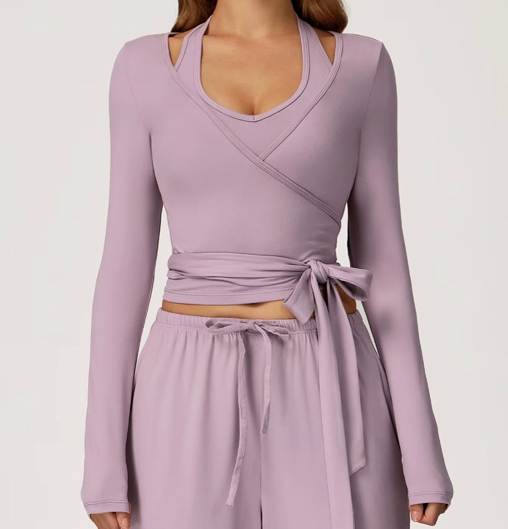 3-Piece Set Autumn Pilates Vetement Outfits Yoga Costume Pants Women Ballet Wrap Top Activewear Set Ballerina Cross Top Colors Yellow-Top Pink Purple Khaki Black