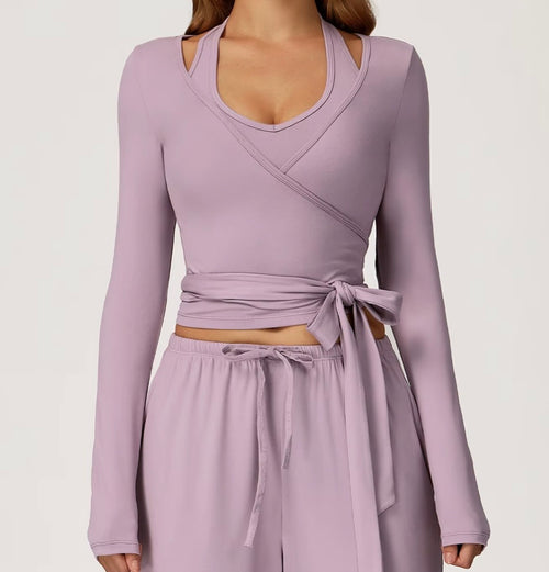 3-Piece Set Autumn Pilates Vetement Outfits Yoga Costume Pants Women Ballet Wrap Top Activewear Set Ballerina Cross Top Colors Yellow-Top Pink Purple Khaki Black