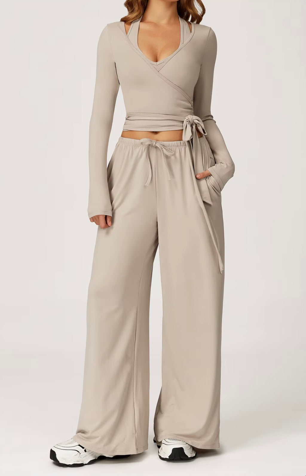 3-Piece Set Autumn Pilates Vetement Outfits Yoga Costume Pants Women Ballet Wrap Top Activewear Set Ballerina Cross Top Colors Yellow-Top Pink Purple Khaki Black