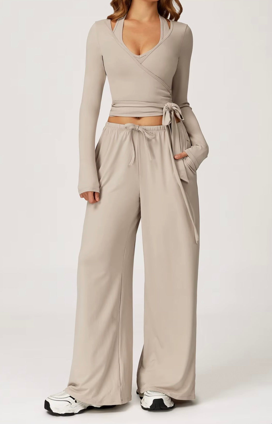 3-Piece Set Autumn Pilates Vetement Outfits Yoga Costume Pants Women Ballet Wrap Top Activewear Set Ballerina Cross Top Colors Yellow-Top Pink Purple Khaki Black