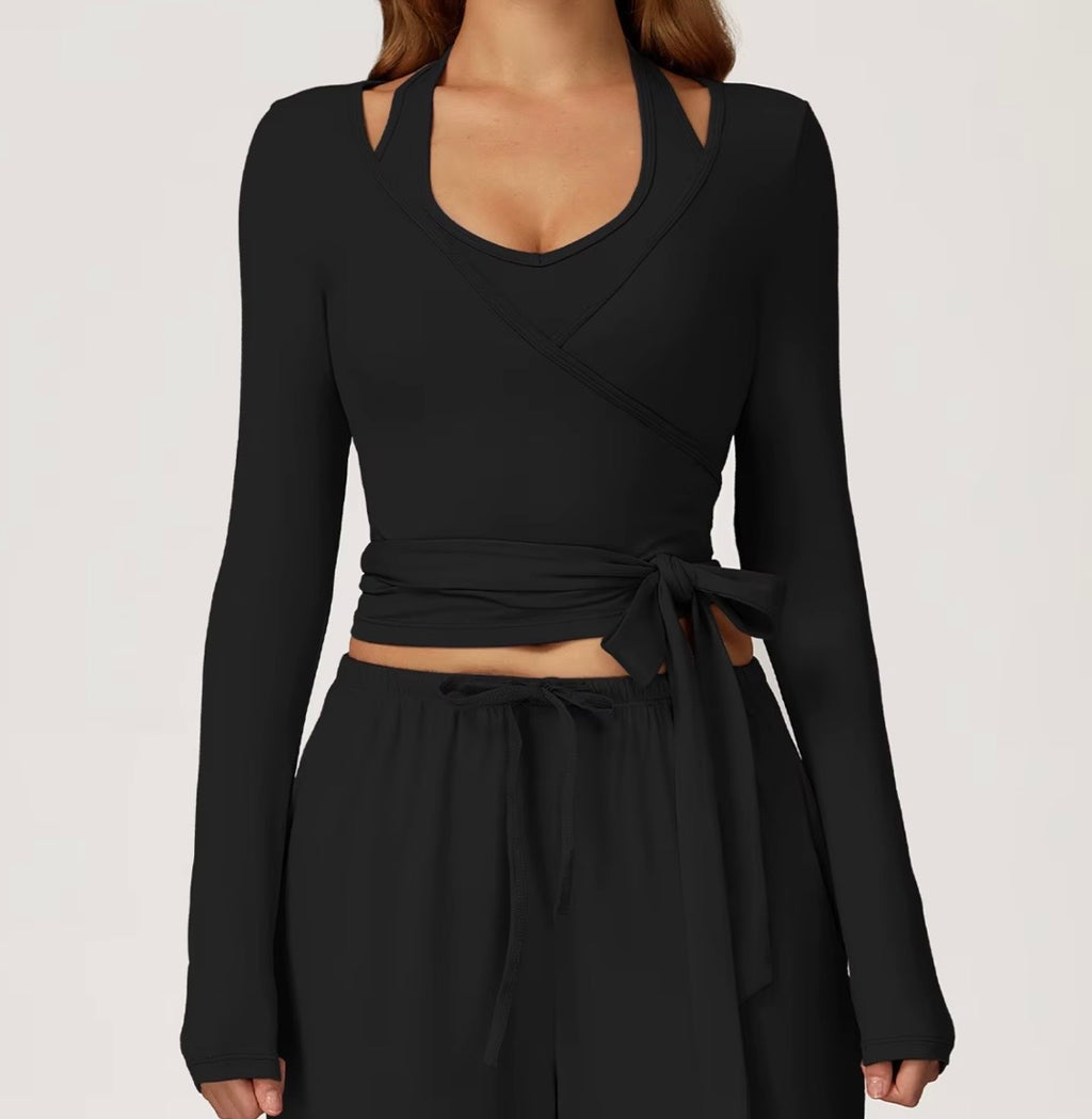 3-Piece Set Autumn Pilates Vetement Outfits Yoga Costume Pants Women Ballet Wrap Top Activewear Set Ballerina Cross Top Colors Yellow-Top Pink Purple Khaki Black