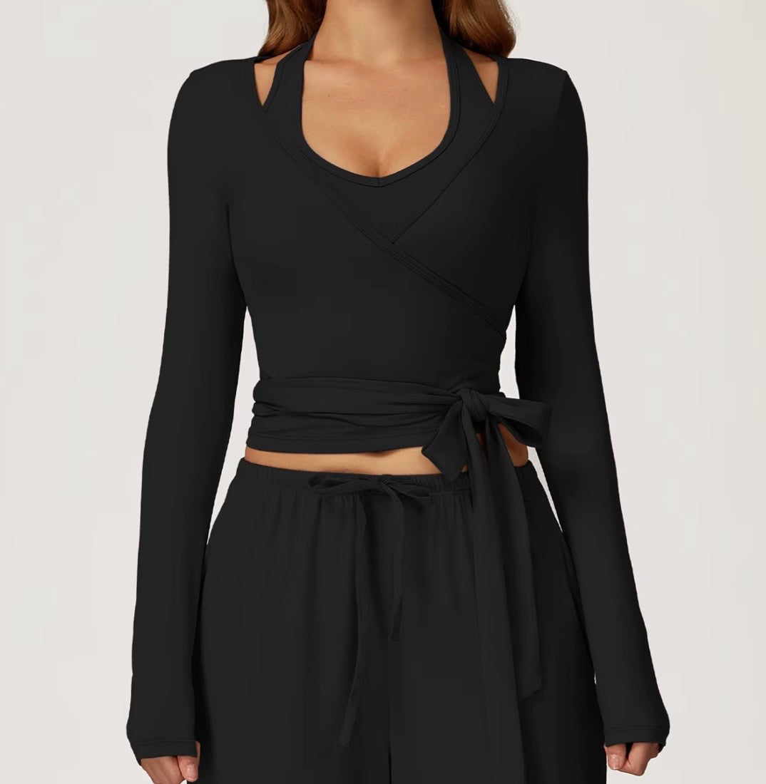 3-Piece Set Autumn Pilates Vetement Outfits Yoga Costume Pants Women Ballet Wrap Top Activewear Set Ballerina Cross Top Colors Yellow-Top Pink Purple Khaki Black