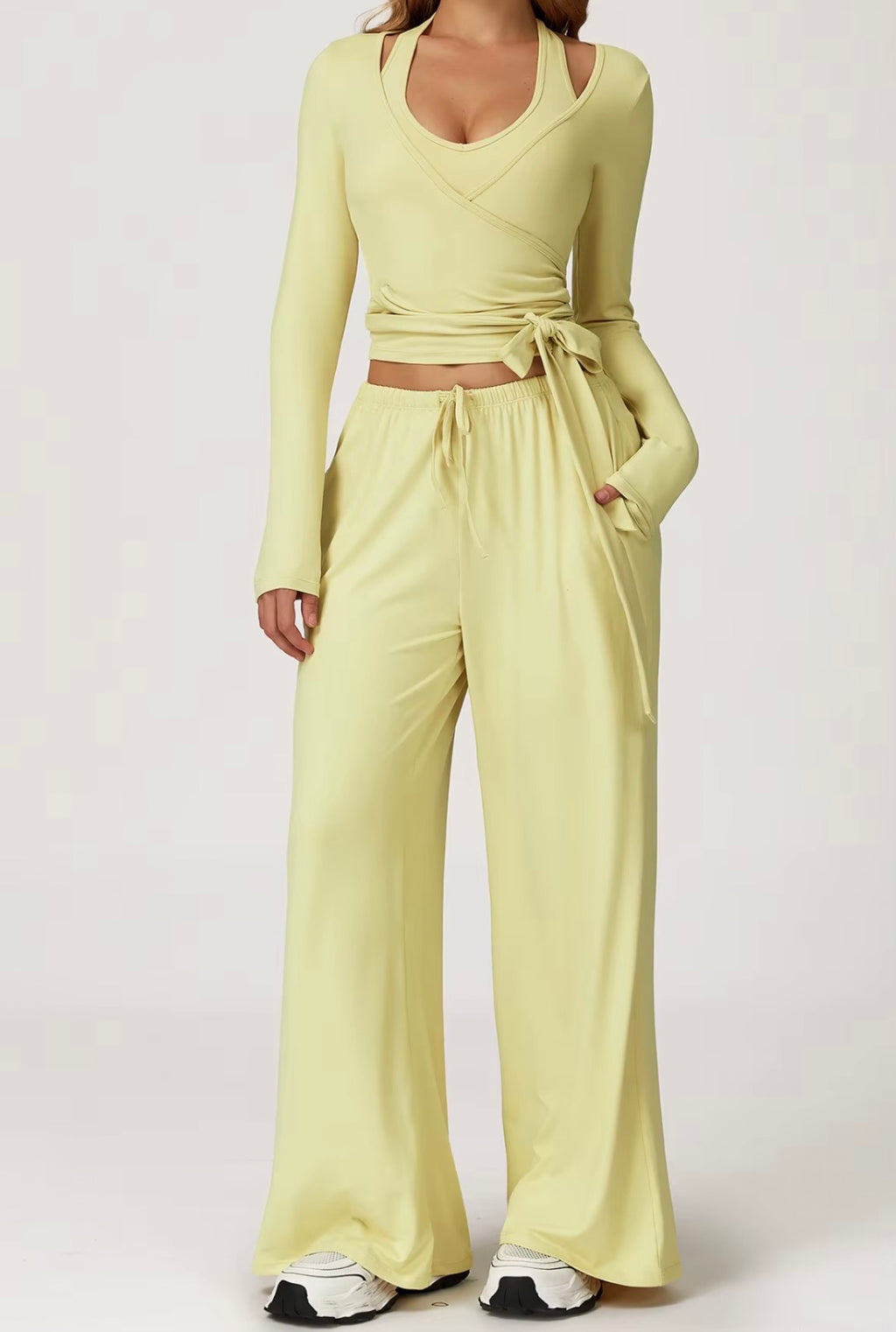 3-Piece Set Autumn Pilates Vetement Outfits Yoga Costume Pants Women Ballet Wrap Top Activewear Set Ballerina Cross Top Colors Yellow-Top Pink Purple Khaki Black