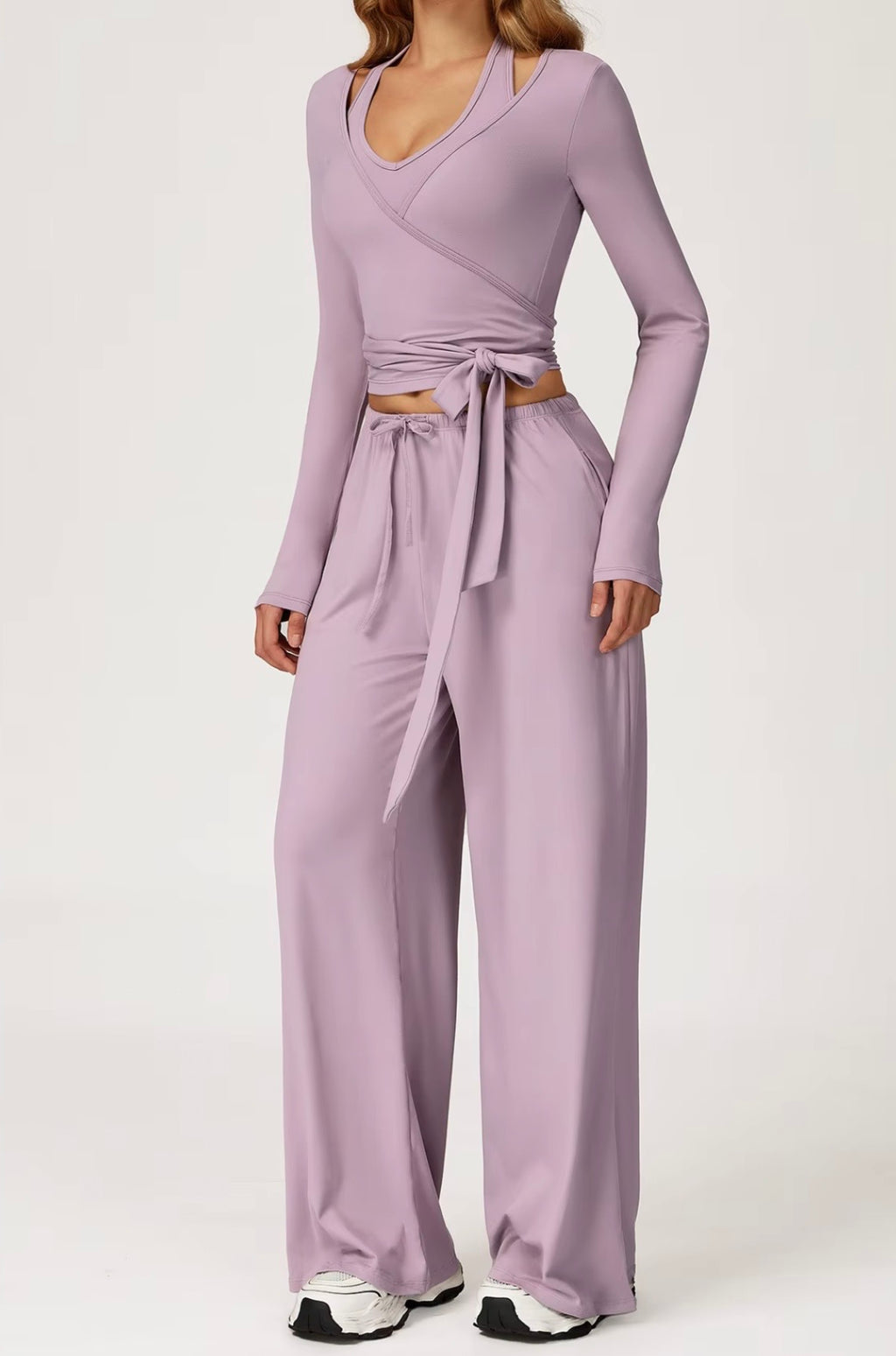 3-Piece Set Autumn Pilates Vetement Outfits Yoga Costume Pants Women Ballet Wrap Top Activewear Set Ballerina Cross Top Colors Yellow-Top Pink Purple Khaki Black