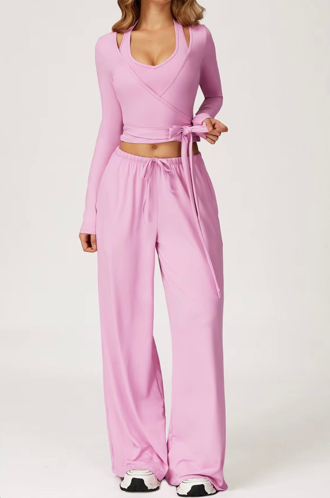 3-Piece Set Autumn Pilates Vetement Outfits Yoga Costume Pants Women Ballet Wrap Top Activewear Set Ballerina Cross Top Colors Yellow-Top Pink Purple Khaki Black